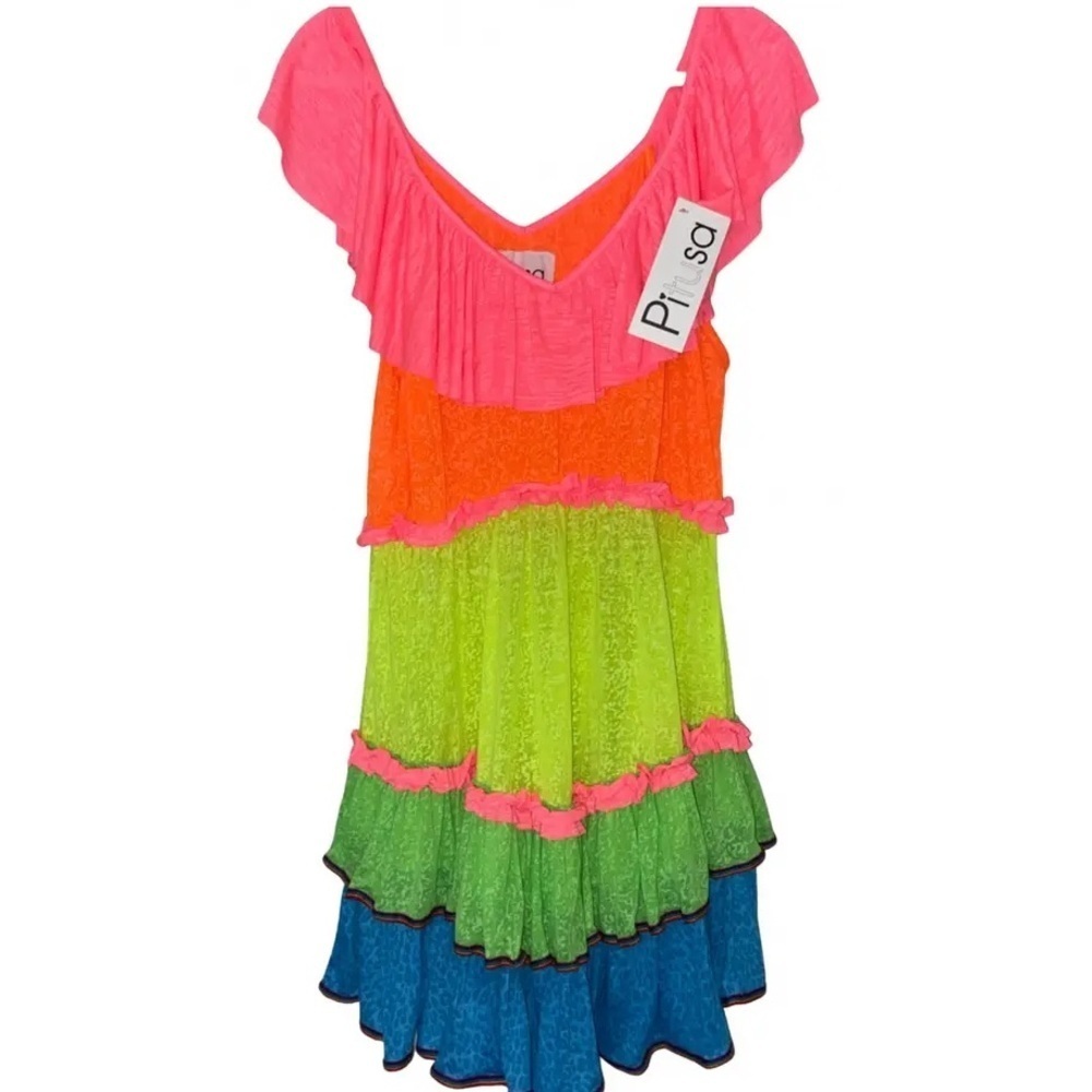 PITUSA Neon Rainbow Ruffle Mini Dress Cover Up Vacation Tropical
